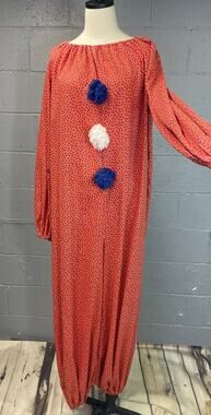 Vintage 1970s Calico Stars Print Clown Costume Jumpsuit Pom Poms Free Size